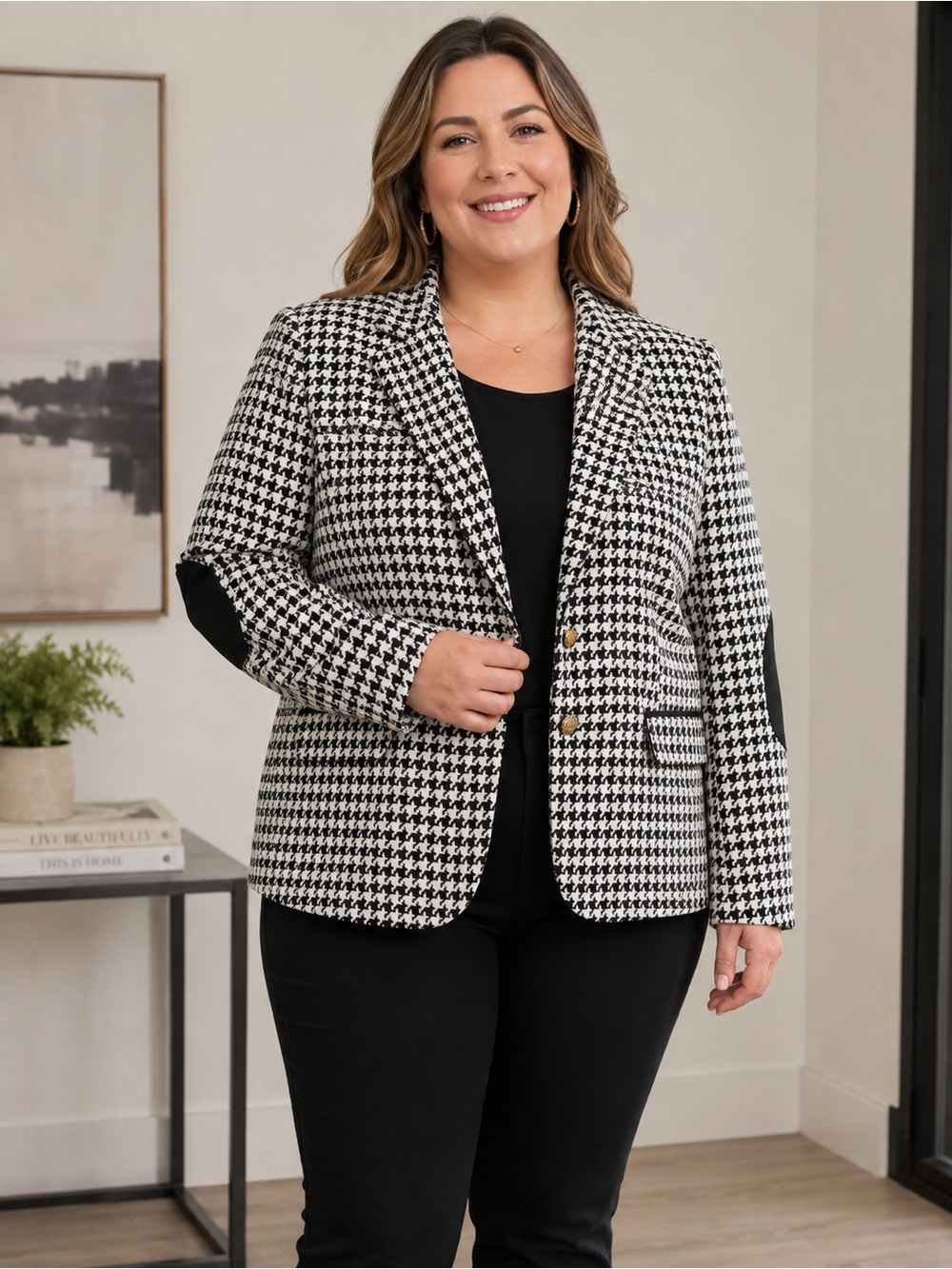 Vintage Joan Rivers Houndstooth Blazer Jacket Black White Plus Size 16 Career